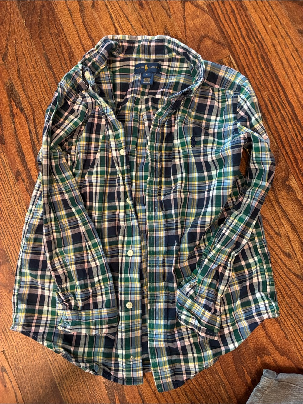 Little kid Ralph Lauren Green Navy and White Plaid Button-Down Shirt